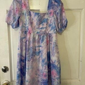 Sunday Tie-Dye Puff Sleeve Dress - Pink, Blue, Purple medium